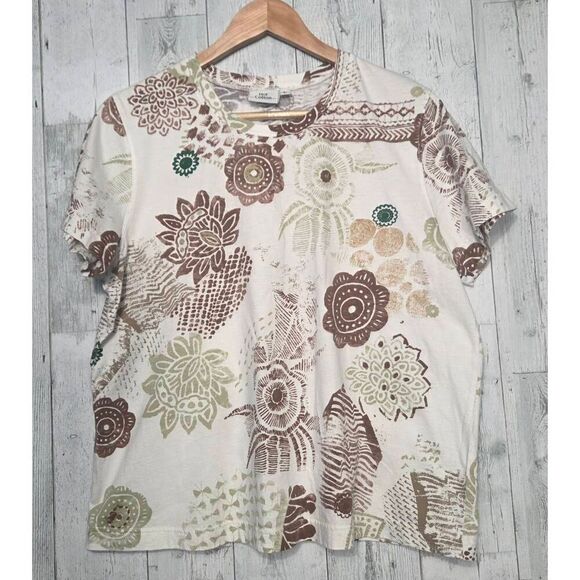 Hot Cotton Stylized Floral Earthtone Printed Heavyweight T-Shirt Sz L - Picture 1 of 5